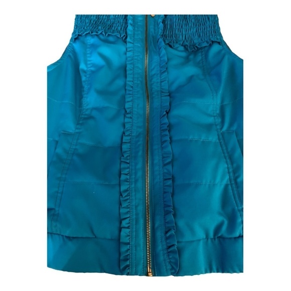 Draper’s and Damon’s vest, teal blue,  PL.  quilted satin.  Ruffles and smocking - Picture 4 of 6